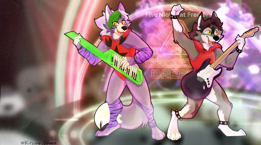 2022 absurd_res canid canine canis collar detailed_background digital_media_(artwork) duo electric_guitar female fender_musical_instruments_corporation five_nights_at_freddy's five_nights_at_freddy's:_security_breach guitar hair hi_res kitsune_udon_(artist) long_hair male male/female mammal multicolored_body musical_instrument plucked_string_instrument rock roxanne_wolf scottgames spiked_collar spikes steel_wool_studios stratocaster string_instrument wolf wolfred_volk_(romeodog) yellow_eyes