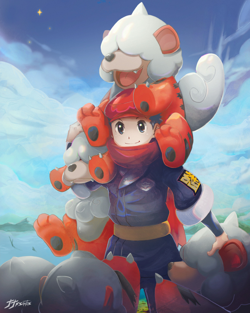 1boy absurdres bad_id bad_pixiv_id black_hair black_shirt claws closed_mouth commentary day grey_eyes grey_jacket hat highres hisuian_growlithe holding holding_pokemon jacket jjfsantos logo male_focus outdoors pokemon pokemon_(creature) pokemon_legends:_arceus red_headwear red_scarf rei_(pokemon) scarf shirt short_hair signature sky smile sparkle standing