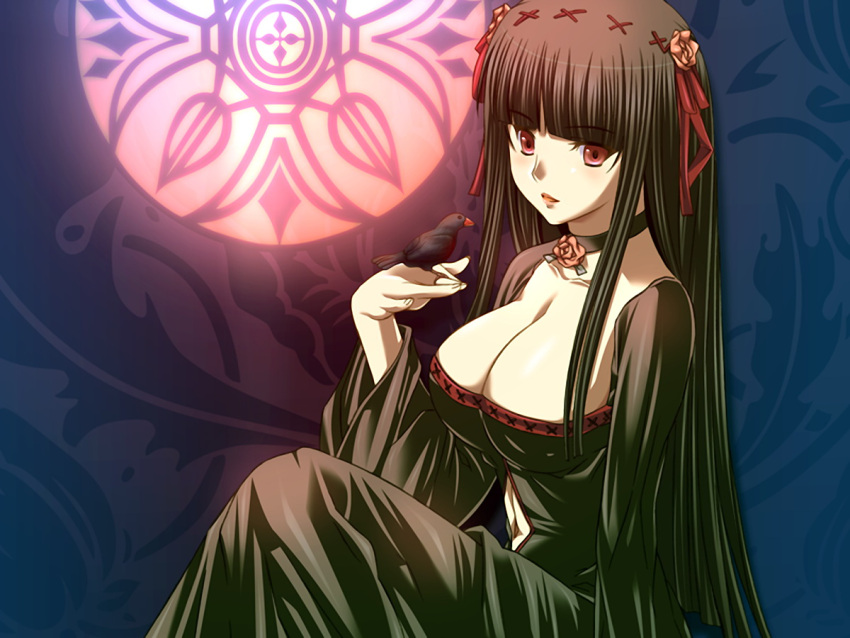 bird black_hair breasts choker cleavage game_cg hair_ribbon hilda_(toriko_no_hime) large_breasts navel oppai red_eyes rose toriko_no_hime very_long_hair