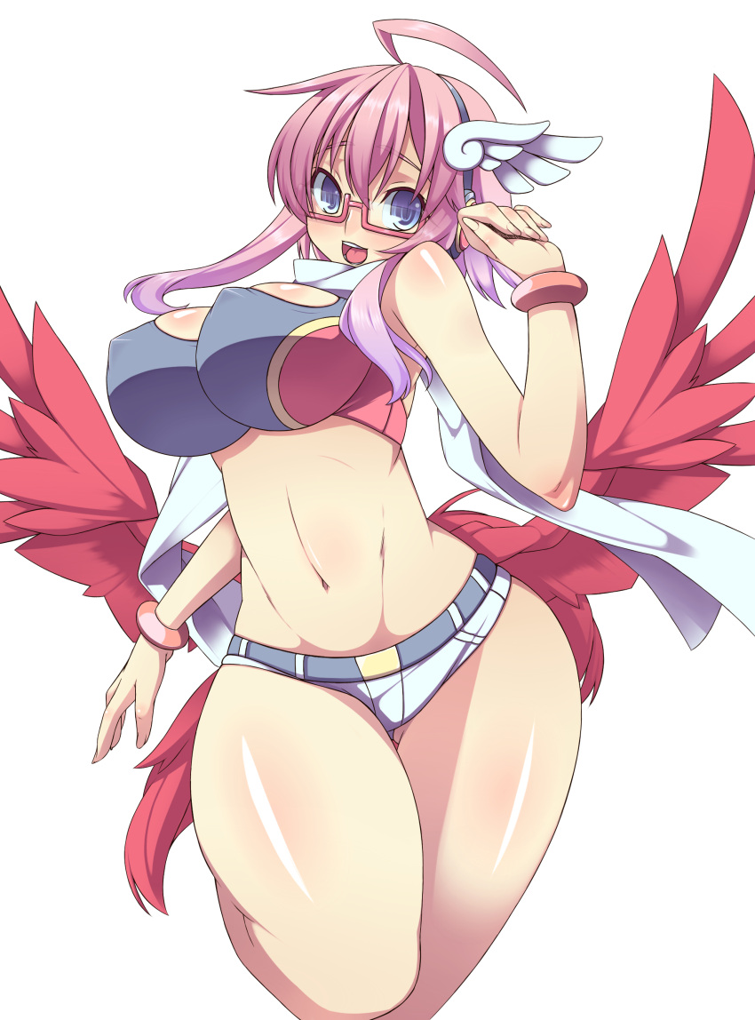 absurdres ahoge akutsu belt blue_eyes bracelet breasts cleavage_cutout clothing_cutout commentary_request covered_nipples crop_top curvy female glasses gradient_hair hair_ornament happy headphones highres hip_focus jewelry kyoutensei_hibiki large_breasts leg_up legs long_hair low_wings midriff multicolored_hair navel open_mouth pink-framed_eyewear pink_hair purple_hair scarf shinrabanshou short_shorts shorts solo thick_thighs thighs transparent_background wide_hips wings