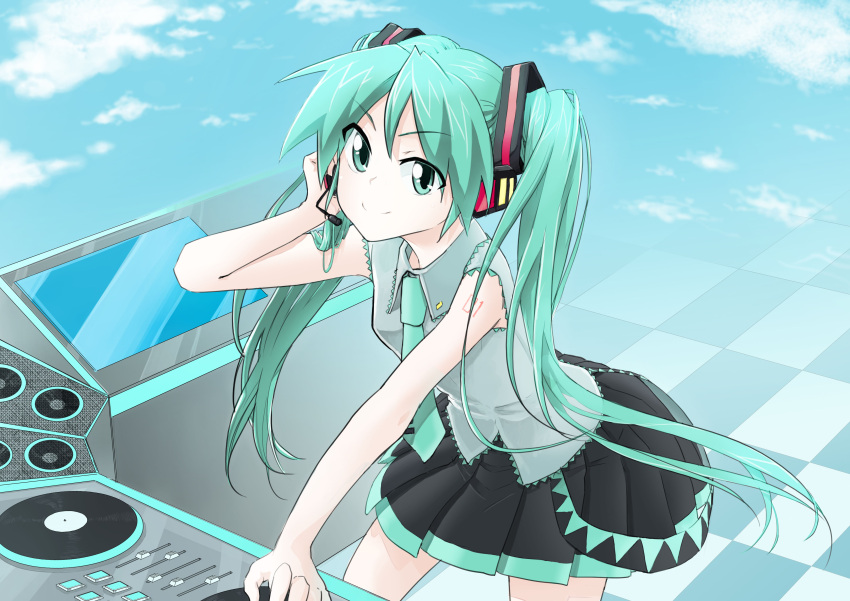 absurdres checkered_floor cloud commentary_request day female green_eyes green_hair hatsune_miku headset highres long_hair necktie photoshop_(medium) skirt sky smile solo twintails very_long_hair vocaloid yomio