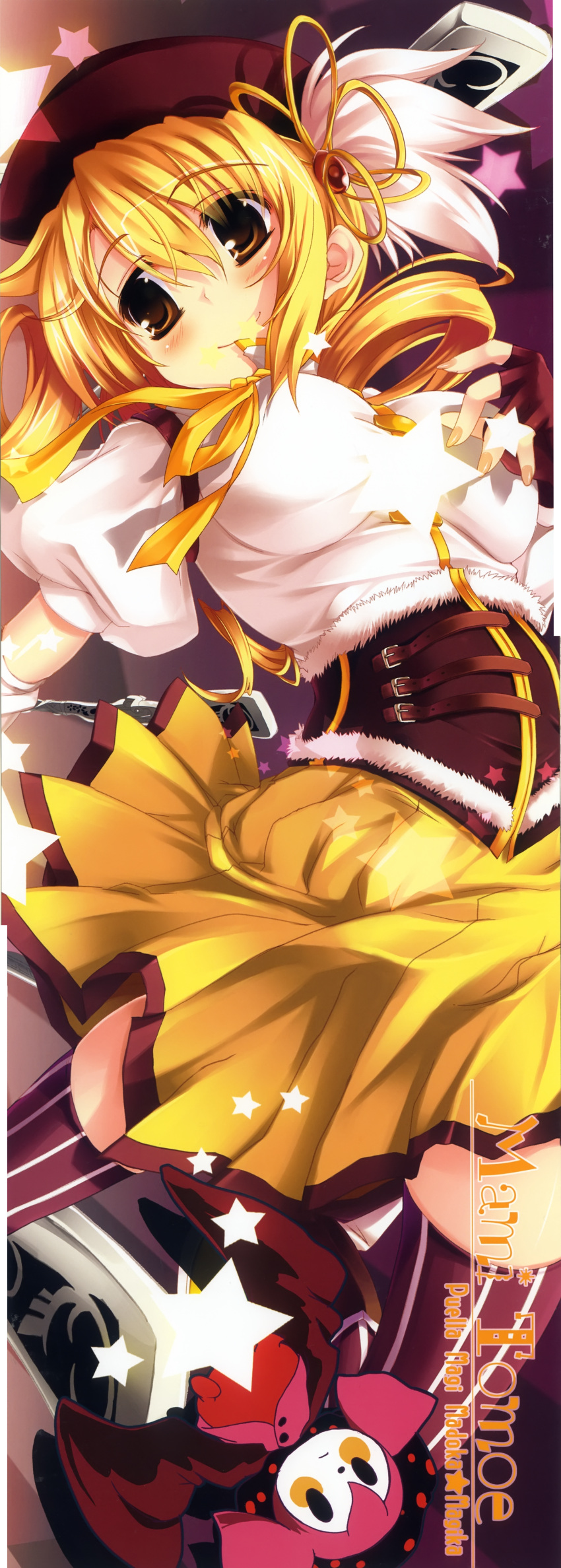 absurdres beret blonde_hair brown_eyes charlotte_(madoka_magica) corset drill_hair female gloves hair_ornament happy_birthday_(artist) hat highres mahou_shoujo_madoka_magica mahou_shoujo_madoka_magica_(anime) maruchan. ribbon skirt thighhighs tomoe_mami tomoe_mami_(magical_girl) twin_drills twintails