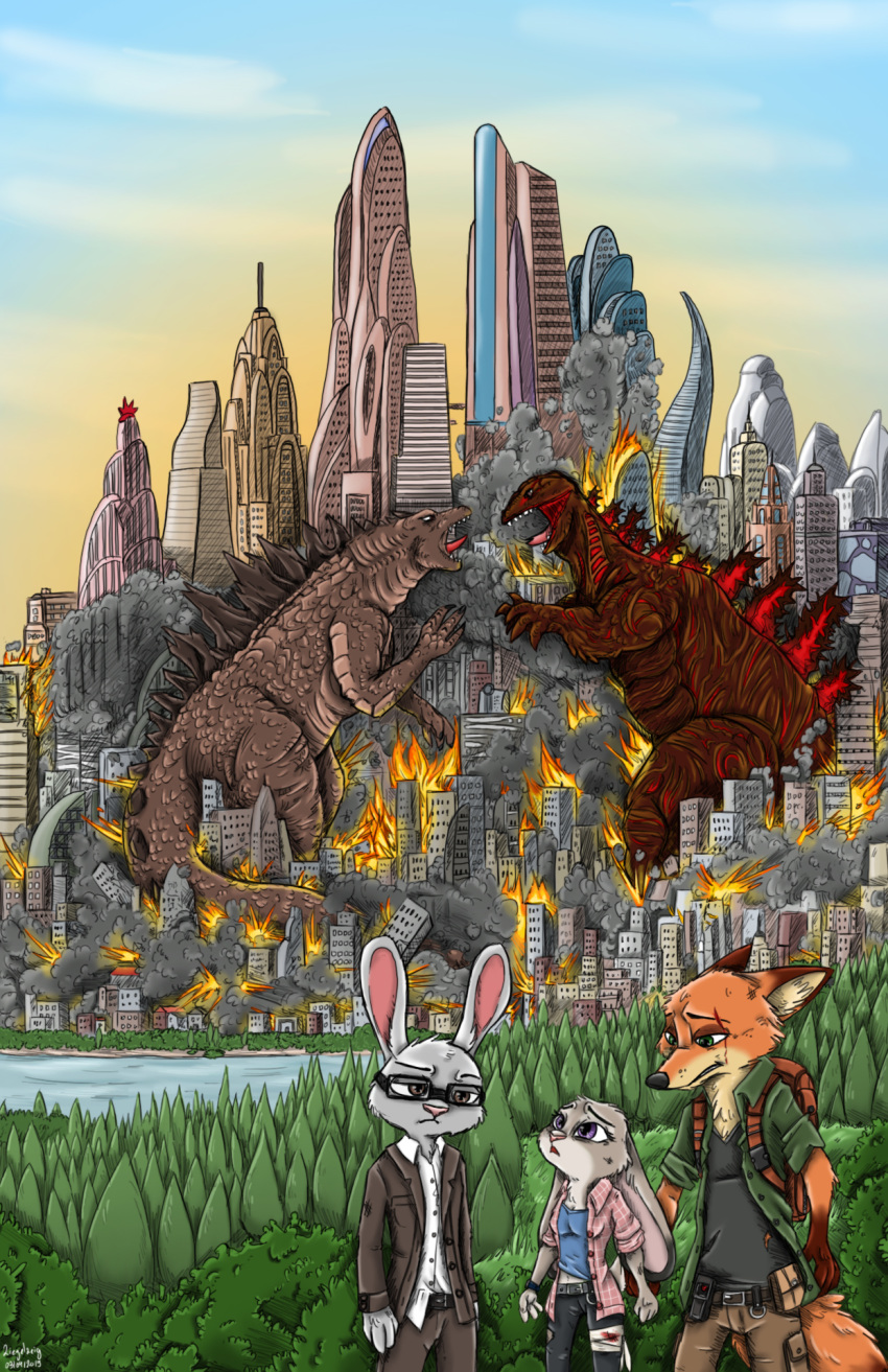 backpack blood bodily_fluids building canid canine city crossover destruction disney eyewear fanfiction fire forest fox glasses godzilla godzilla_(series) green_eyes group hi_res house judy_hopps lagomorph leporid lizard macro mammal nick_wilde plant purple_eyes rabbit red_fox reptile riot river scalie shin_godzilla smoke toho towers town tree true_fox wounded ziegelzeig zootopia