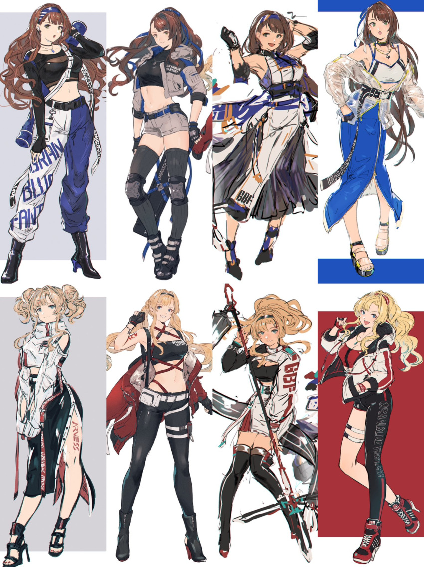 asymmetrical_clothes bare_shoulders beatrix_(granblue_fantasy) belt black_belt black_choker black_pants black_shirt black_skirt black_thighhighs blonde_hair blue_pants blue_skirt body_writing boots breasts brown_hair buckle chest_strap choker clenched_hand collage commentary criss-cross_halter crop_top cropped_jacket english_text fingerless_gloves full_body gloves granblue_fantasy grey_jacket halterneck hand_on_own_hip hand_up high_heels highres holding holding_polearm holding_weapon jacket knee_pads kneehighs legs long_hair long_legs long_sleeves looking_at_viewer medium_breasts medium_hair midriff multiple_girls navel open_clothes open_jacket open_mouth own_hands_together pants pencil_skirt polearm ponytail poses red_jacket sandals shimatani_azu shirt shoes shorts side_slit simple_background single_pantsleg skirt smile sneakers socks standing strapless symbol-only_commentary thigh_strap thighhighs tight_clothes tight_pants toeless_footwear tube_top twintails two-tone_pants unfinished very_long_hair weapon white_jacket white_pants white_shirt white_skirt zeta_(granblue_fantasy) zipper_skirt