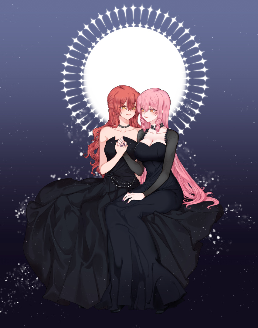 2girls aaaaddddd absurdres akuma_no_riddle black_dress breasts choker cleavage closed_mouth collarbone commentary couple dress drill_hair full_body hair_between_eyes highres holding_hands inukai_isuke korean_commentary long_dress long_hair long_sleeves medium_breasts multiple_girls nail_polish orange_eyes pink_hair red_hair sagae_haruki shrug_(clothing) sitting sleeveless sleeveless_dress smile strapless strapless_dress twin_drills very_long_hair wife_and_wife yellow_eyes yuri