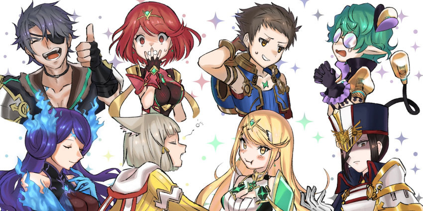 2boys 6+girls animal_ears arm_behind_head armpits black_coat blonde_hair breasts brighid_(xenoblade) brown_eyes cat_ears cat_girl chest_jewel circlet closed_eyes closed_mouth coat commentary_request curvy eyepatch fiery_hair glasses gloves green_skirt grey_hair highres kyosuke1413koba large_breasts long_hair morag_ladair_(xenoblade) multiple_boys multiple_girls mythra_(xenoblade) nia_(xenoblade) pandoria_(xenoblade) purple_hair pyra_(xenoblade) red_eyes red_hair rex_(xenoblade) shaded_face short_hair simple_background skirt swept_bangs thumbs_up upper_body very_long_hair white_background white_gloves xenoblade_chronicles_(series) xenoblade_chronicles_2 yellow_eyes zeke_von_genbu_(xenoblade)