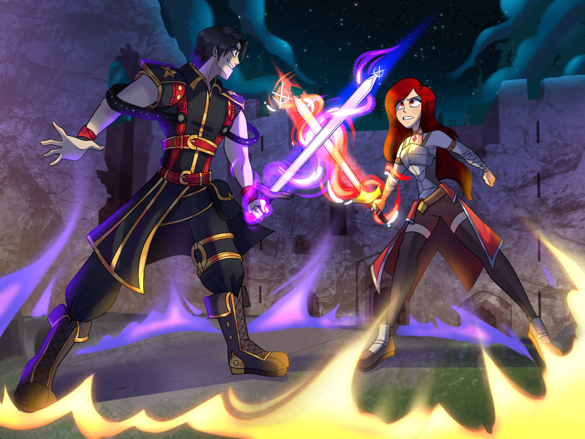 absurdres armor bad_source bandages battle black_hair castle dymitr3 evil_smile fighting_stance fire full_body highres lionel_rizzo pertenecientes_al_fuego_(book) pyrokinesis red_hair selena_mulciber smile sword weapon