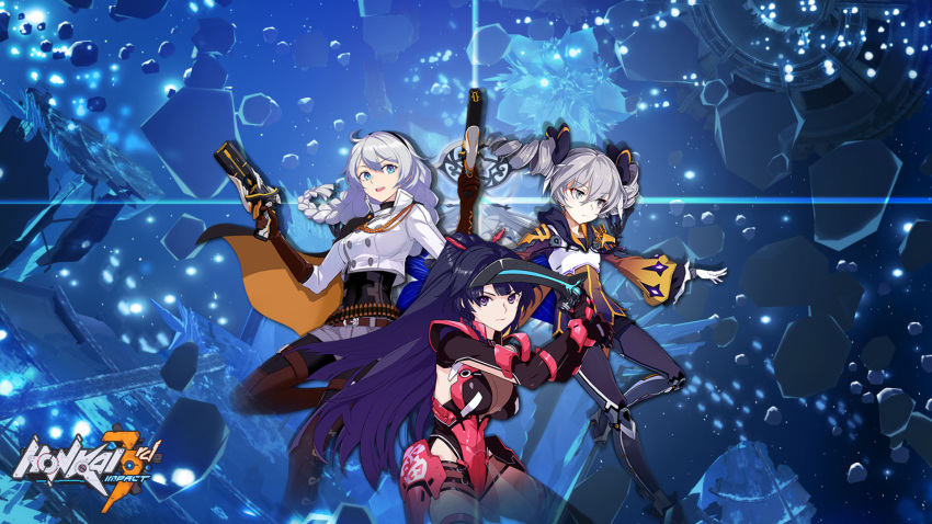 3girls ahoge belt black_cape black_pants blue_eyes bodysuit boots braid breasts bronya_zaychik bronya_zaychik_(dimension_breaker) brown_footwear brown_gloves cape cleavage closed_mouth drill_hair dual_wielding gloves grey_eyes grey_hair grey_shorts gun handgun headgear highres holding holding_gun holding_sword holding_weapon honkai_(series) honkai_impact_3rd hood hoodie jacket katana kiana_kaslana kiana_kaslana_(valkyrie_ranger) looking_at_viewer multiple_girls official_art open_mouth pants ponytail purple_bodysuit purple_eyes purple_hair raiden_mei raiden_mei_(crimson_impulse) shorts source_request sword thigh_boots twin_braids twin_drills weapon white_hair white_jacket