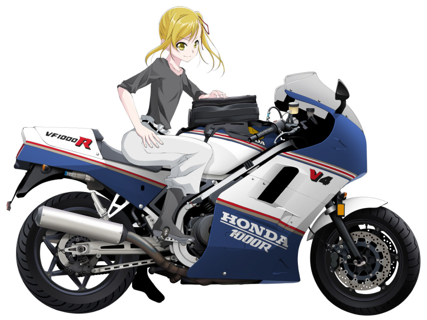 anzu_(hinamatsuri) blonde_hair commentary_request female grey_footwear grey_pants hair_ribbon hand_on_own_hip hinamatsuri_(manga) honda motor_vehicle motorcycle on_motorcycle pants red_ribbon ribbon side_ponytail sitting smile solo tomcat yellow_eyes