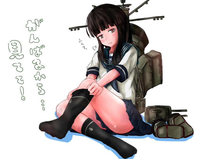 anchor_print backpack bag black_hair black_socks blunt_bangs boots brown_eyes commentary_request dressing female hatsuyuki_(kancolle) kanrobi kantai_collection knee_up legs rigging school_uniform serafuku simple_background sitting socks solo translation_request unworn_boots white_background