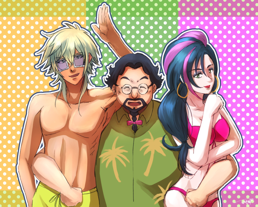 2boys :d abs arm_around_waist bikini black_hair blonde_hair breasts charaleet_(precure) cleavage commentary_request daigan_(precure) earrings facial_hair female glasses green_eyes hand_up hawaiian_shirt hoop_earrings hugtto!_precure jewelry lipstick looking_at_viewer makeup male_swimwear multicolored_hair multiple_boys open_mouth papple_(precure) pink_bikini pink_hair polka_dot polka_dot_background ponytail precure shara-soju shirt smile standing sunglasses swim_trunks swimsuit two-tone_hair