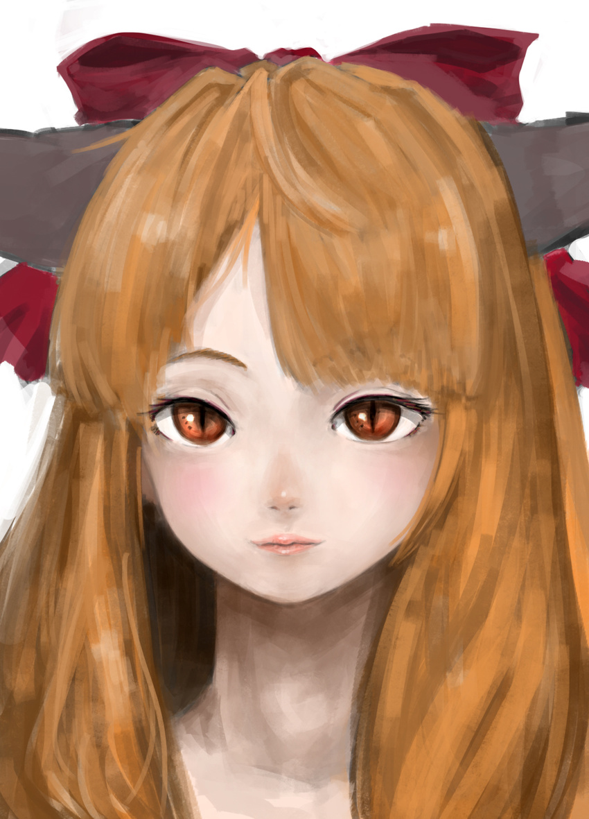 bow commentary_request eyelashes female hairbow highres horns ibuki_suika kanrobi lips long_hair looking_at_viewer orange_hair realistic red_bow red_eyes slit_pupils solo touhou upper_body