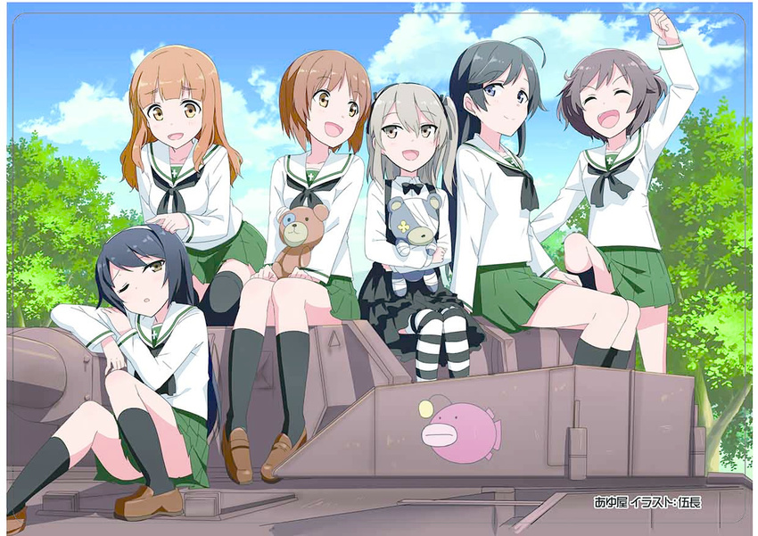 6+girls ahoge akiyama_yukari anglerfish ayuya_naka_no_hito black_hair black_socks black_thighhighs boko_(girls_und_panzer) brown_eyes brown_hair carrying commentary_request day emblem fish girls_und_panzer green_skirt grey_eyes grey_hair hairband hugging_object isuzu_hana long_hair looking_at_viewer military military_vehicle motor_vehicle multiple_girls nishizumi_miho on_vehicle ooarai_school_uniform outdoors panzer_iv pleated_skirt reizei_mako school_uniform serafuku shimada_arisu short_hair sitting skirt socks striped_clothes striped_thighhighs stuffed_animal stuffed_toy takebe_saori tank teddy_bear thighhighs two_side_up zettai_ryouiki