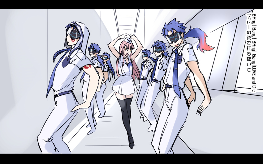 6+boys :d arms_up bang! black_legwear blue_hair brown_eyes cosplay cu_chulainn_(fate/grand_order) cu_chulainn_(fate/prototype) cu_chulainn_alter_(fate/grand_order) dancing daoko daoko_(cosplay) dress fate/grand_order fate/kaleid_liner_prisma_illya fate/prototype fate/stay_night fate_(series) hat highres jewelry lancer long_hair looking_at_viewer lyrics mask medb_(fate)_(all) medb_(fate/grand_order) multiple_boys multiple_persona necklace open_mouth parody pink_hair ponytail real_life shimo_(s_kaminaka) skirt sleeveless sleeveless_dress smile stained_clothes tattoo thighhighs