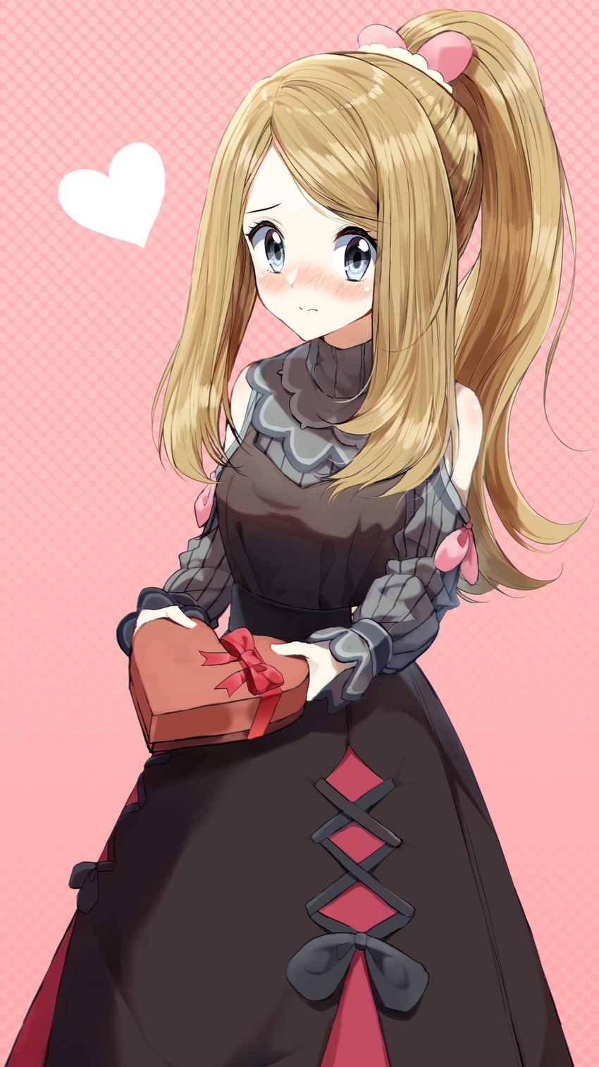 bare_shoulders black_dress blonde_hair blush box closed_mouth clothing_cutout commentary_request cross-laced_clothes cross-laced_dress dress feet_out_of_frame female gift gift_box grey_eyes grey_shirt heart heart-shaped_box high_ponytail highres holding holding_gift long_hair long_sleeves nose_blush official_alternate_costume pentagon_(railgun_ky1206) pink_background pokemon pokemon_masters_ex ponytail puffy_long_sleeves puffy_sleeves serena_(palentine's_2021)_(pokemon) serena_(pokemon) shirt shoulder_cutout sidelocks sleeveless sleeveless_dress sleeves_past_wrists solo turtleneck wavy_mouth