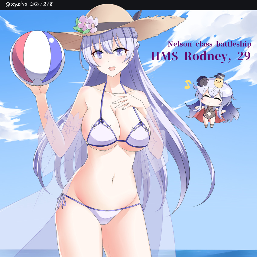 2girls absurdres artist_name azur_lane azur_lane:_slow_ahead ball beachball bikini black_flower black_headwear black_one-piece_swimsuit black_rose blue_sky bow bow_bikini braid breasts character_name chibi clothing_cutout crossed_bangs flower french_braid graf_zeppelin_(azur_lane) graf_zeppelin_(beachside_urd)_(azur_lane) grey_hair hat hat_flower hebitsukai-san highres jacket jacket_on_shoulders large_breasts light_purple_hair manjuu_(azur_lane) multiple_girls multiple_straps musical_note navel_cutout official_alternate_costume one-piece_swimsuit peaked_cap purple_eyes rodney_(azur_lane) rodney_(future_seaside_admiral)_(azur_lane) rose see-through side-tie_bikini_bottom sky string_bikini sun_hat swimsuit taut_clothes taut_swimsuit translated white_bikini