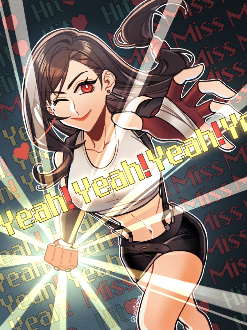 bare_legs bare_shoulders black_gloves black_hair black_skirt breasts brown_hair clenched_hand collarbone cowboy_shot crop_top earrings elbow_gloves english_commentary female fighting_stance final_fantasy final_fantasy_vii fingerless_gloves gloves hair_behind_ear heart highres incoming_attack incoming_punch jewelry large_breasts long_hair looking_at_viewer low-tied_long_hair midriff miniskirt navel one_eye_closed open_hand punching red_eyes red_gloves seilidare single_earring skirt smile solo sparkle suspender_skirt suspenders swept_bangs tank_top teardrop_earrings tifa_lockhart twitter_username white_tank_top