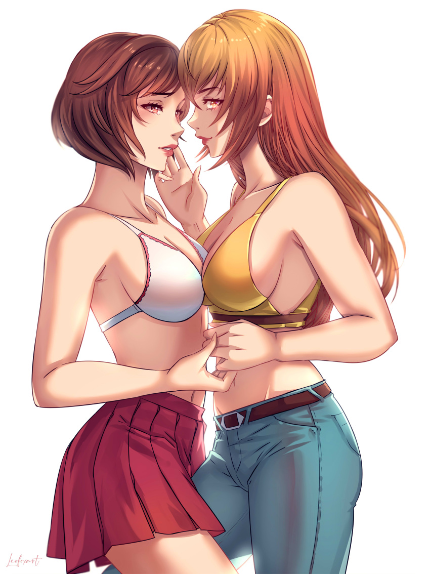 2girls absurdres asymmetrical_docking bad_id bad_twitter_id bare_shoulders belt bra breast_press breasts brown_belt brown_eyes brown_hair cleavage commission crop_top denim hand_on_another's_cheek hand_on_another's_face harasaki_nozomi highres holding_hands imminent_kiss jeans joy_(shenmue) lace_trim leg_between_thighs leofoxart lipstick long_hair looking_at_another looking_at_viewer looking_to_the_side makeup medium_breasts medium_hair midriff multiple_girls navel orange_hair pants parted_lips pleated_skirt red_skirt shenmue shenmue_the_animation sidelocks signature skirt swept_bangs underwear white_background white_bra yuri