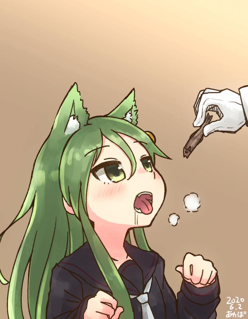 1other akapocho animal_ears artist_name black_serafuku brown_background cat_ears crescent crescent_pin dated extra_ears feeding female fish gradient_background green_eyes green_hair highres kantai_collection kemonomimi_mode long_hair nagatsuki_(kancolle) necktie open_mouth saliva school_uniform serafuku white_necktie