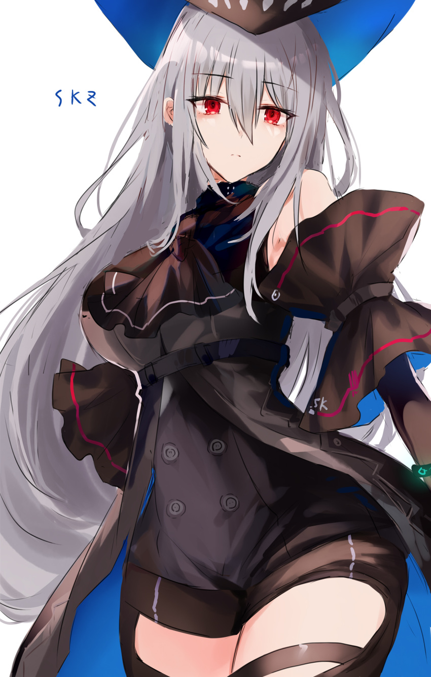 arknights arm_cuffs armpit_peek ascot belt black_ascot black_cloak black_hat black_pants black_shirt bracelet breasts buttons cloak closed_mouth clothing_cutout commentary_request cowboy_shot expressionless female grey_hair hair_between_eyes hat highres jewelry kinona long_hair looking_at_viewer medium_breasts pants red_eyes shirt simple_background skadi_(arknights) skadi_(elite_ii)_(arknights) solo standing thigh_cutout thigh_strap thighs very_long_hair white_background