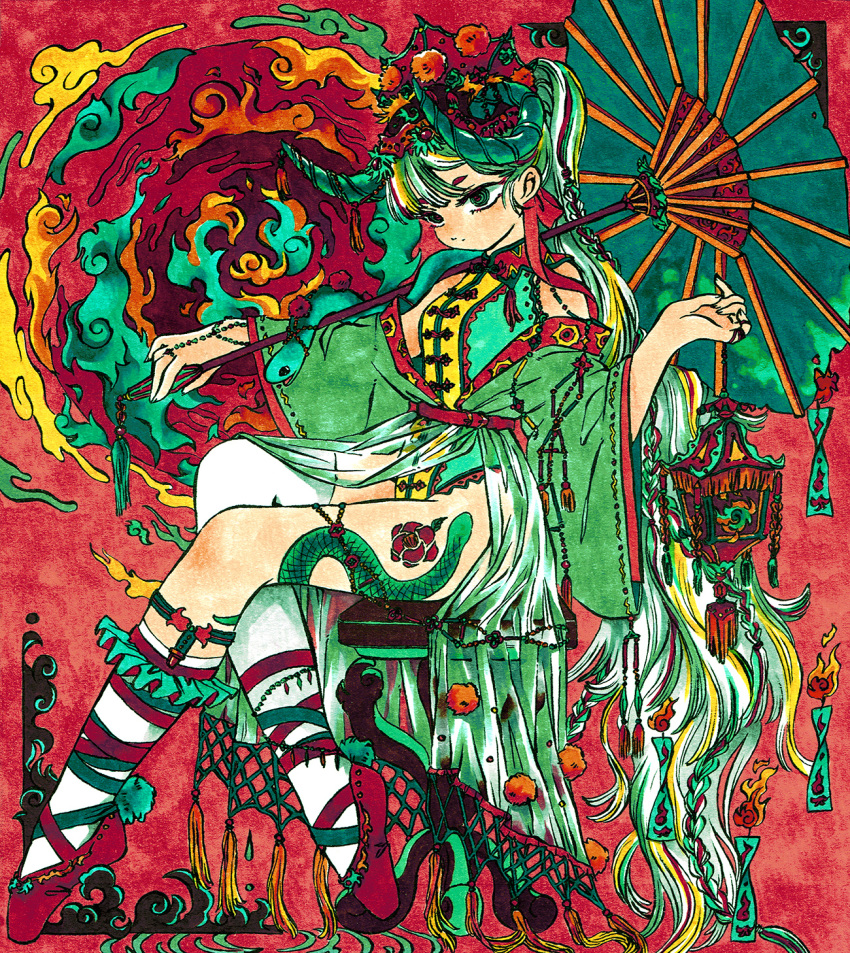 asymmetrical_legwear ballet_slippers beads braid chinese_clothes closed_mouth commentary_request female fire from_side full_body green_eyes green_hair green_kimono highres holding holding_lantern holding_umbrella horns japanese_clothes jewelry kimono lantern leg_tattoo legwear_garter leotard long_hair marker_(medium) multicolored_hair multiple_braids off_shoulder oil-paper_umbrella original plantar_flexion pom_pom_(clothes) ponytail red_background single_thighhigh sitting snake snake_tattoo solo split_mouth stool streaked_hair talisman tassel tattoo thighhighs traditional_media umbrella uneven_legwear very_long_hair whorled_clouds wide_sleeves yamakita_higashi