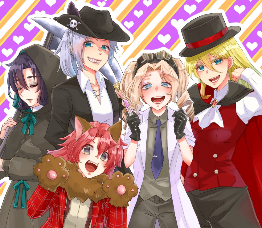 5girls alan_stuart animal_ears animal_hands ascot black_cape black_eyes black_gloves black_jacket blonde_hair blue_eyes blue_neckwear brooch brown_gloves cape cloak closed_eyes commentary_request eyeliner fake_animal_ears fur_collar genderswap_(mtf) geordo_stuart gloves goggles goggles_on_head grey_shirt grin hair_between_eyes hairband half-closed_eyes halloween halloween_costume hand_in_own_hair hat heart heart_background high_collar highres holding holding_sword holding_syringe holding_weapon hood hood_up hooded_cloak jacket jewelry keith_claes lab_coat light_brown_hair long_hair looking_at_viewer makeup medium_hair multiple_girls mutton_(user_hafp8324) necktie nicol_ascart oerba_yun_fang open_mouth otome_game_no_hametsu_flag_shika_nai_akuyaku_reijou_ni_tensei_shite_shimatta outline over_shoulder paw_gloves ponytail raphael_wolt red_cape red_hairband red_vest rule_63 shirt siblings sisters skull_and_crossbones slouch_hat smile smirk standing sword syringe top_hat twintails two-sided_cape two-sided_fabric vest weapon weapon_over_shoulder white_ascot white_outline white_shirt wing_collar