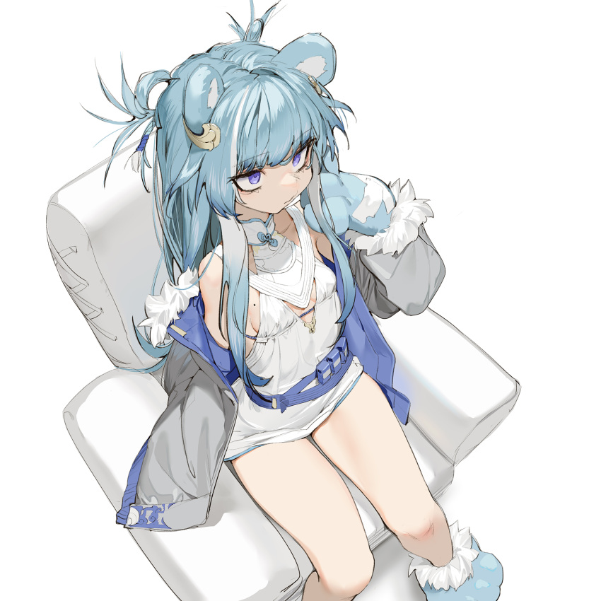 animal_ears armchair bangs bare_shoulders bear_ears blue_hair breasts chair dress eyebrows_visible_through_hair female fur_trim hair_ornament highres jacket kentllaall long_hair mole mole_on_breast off_shoulder original purple_eyes sitting small_breasts solo white_dress