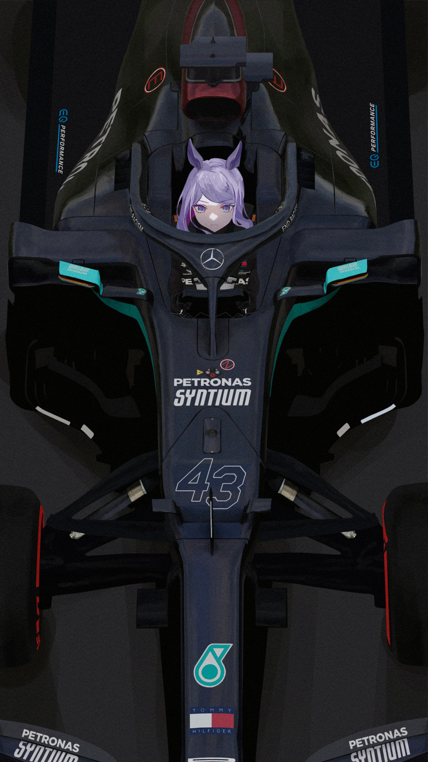 absurdres animal_ears arasaka_inu black_gloves black_racing_suit car chinese_commentary closed_mouth commentary cosplay crowdstrike english_commentary female formula_one formula_racer from_above gloves hewlett-packard highres horse_ears horse_girl lewis_hamilton lewis_hamilton_(cosplay) long_hair looking_ahead mejiro_mcqueen_(umamusume) mercedes-benz mercedes_w11 mixed-language_commentary motor_vehicle numbered petronas purple_eyes purple_hair race_vehicle racecar racing racing_suit sidelocks solo swept_bangs tommy_hilfiger umamusume v-shaped_eyebrows vehicle_focus