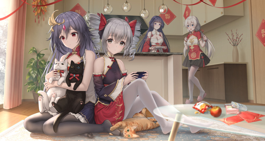 4girls animal bare_shoulders black_legwear blue_eyes bow breasts bronya_zaychik carpet chinese_commentary chinese_new_year cleavage commentary detached_sleeves drill_hair eyeliner feline fu_hua fu_hua_(herrscher_of_sentience) grey_eyes grey_hair hair_between_eyes hair_ornament hairbow haneru highres holding holding_animal holding_cat honkai_(series) honkai_impact_3rd indoors jewelry kiana_kaslana kitchen knees_up long_hair looking_at_another looking_at_viewer makeup medium_breasts multicolored_hair multiple_girls on_head pantyhose purple_hair raiden_mei red_eyeliner red_eyes shirt sidelocks sitting sleeveless sleeveless_shirt small_breasts streaked_hair twin_drills twintails wariza white_hair white_legwear yellow_pupils