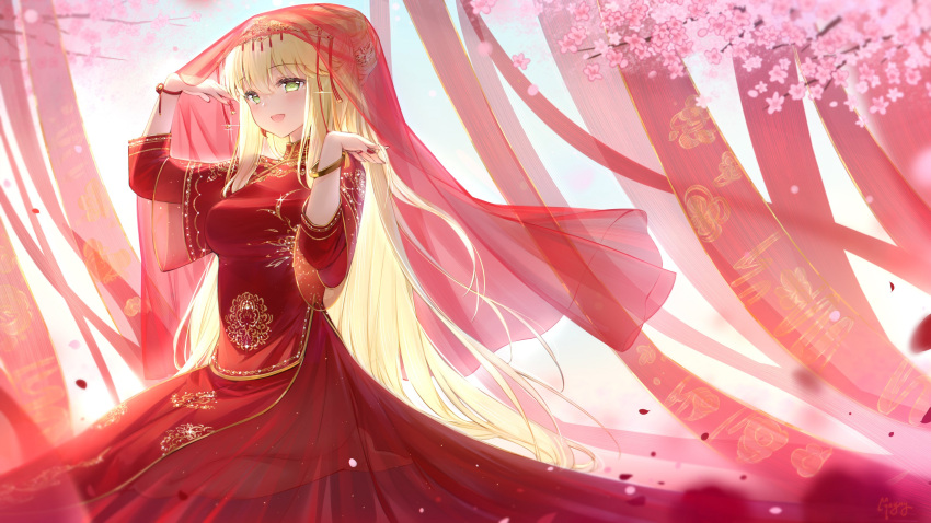 absurdres aurora_(azur_lane) aurora_(garb_of_eternal_prosperity)_(azur_lane) azur_lane blonde_hair bracelet bridal_veil chinese_clothes dress female flower gold_trim green_eyes hair_ornament highres jewelry long_hair looking_at_viewer maya_g open_mouth petals print_dress red_dress red_headwear see-through see-through_dress seiza signature sitting veil very_long_hair wrist_straps