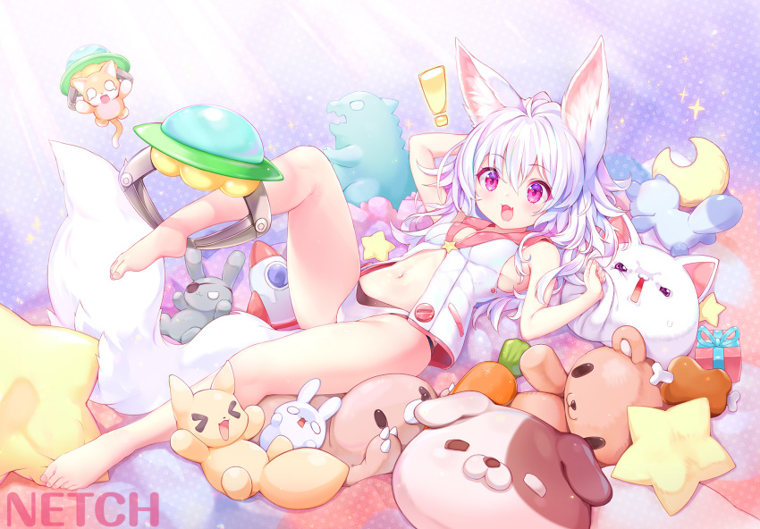 animal_ears barefoot bunny long_hair navel original purple_eyes sukemyon tail teddy_bear white_hair