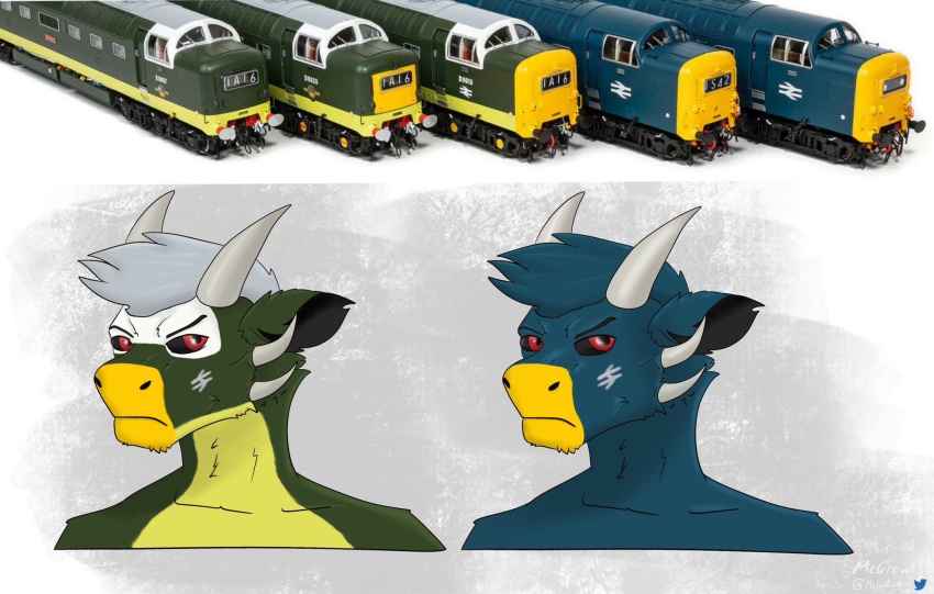 2023 2_horns alternate_color anthro black_eyebrows black_inner_ear black_sclera blue_body blue_ears blue_fur blue_hair british british_rail british_rail_class_55 bust_portrait countershade_fur countershade_torso countershading curved_horn diesel_locomotive digital_drawing_(artwork) digital_media_(artwork) dragon england english_electric eyebrows facial_markings facial_spikes frown fur fur_markings furred_dragon furred_scalie green_body green_ears green_fur grey_hair hair head_markings hi_res horn how_to_dragon_your_train hybrid jaw_spikes light_body living_machine living_train living_vehicle locomorph locomotive logo machine male markings mask_(marking) mcgrewart meme model_train multicolored_body multicolored_fur mythological_creature mythological_scalie mythology nude photo portrait pupils red_eyes reference_image reptile scalie signature simple_background smooth_horn solo spikes spikes_(anatomy) train vehicle white_background white_horn white_mask white_spikes yellow_body yellow_countershading yellow_fur yellow_markings