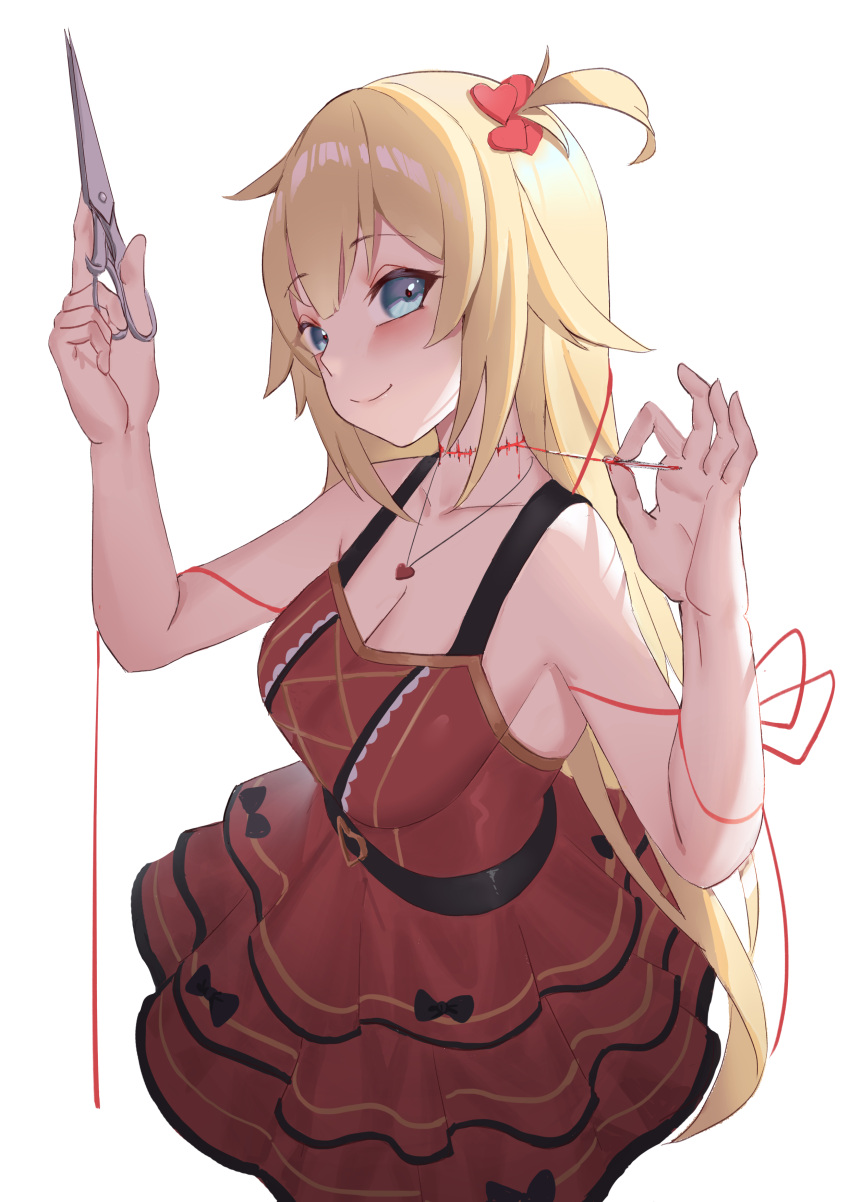 absurdres akai_haato akai_haato_(gothic_lolita) bad_id bad_pixiv_id bare_arms bare_shoulders belt black_belt black_bow blonde_hair blood blue_eyes blush bow breasts collarbone commentary dress english_commentary female from_side hair_ornament hands_up heart heart_hair_ornament highres holding hololive jmao large_breasts layered_dress long_hair looking_at_viewer needle official_alternate_costume one_side_up open_mouth red_dress red_ribbon ribbon scissors sleeveless sleeveless_dress smile solo stitches very_long_hair virtual_youtuber white_background