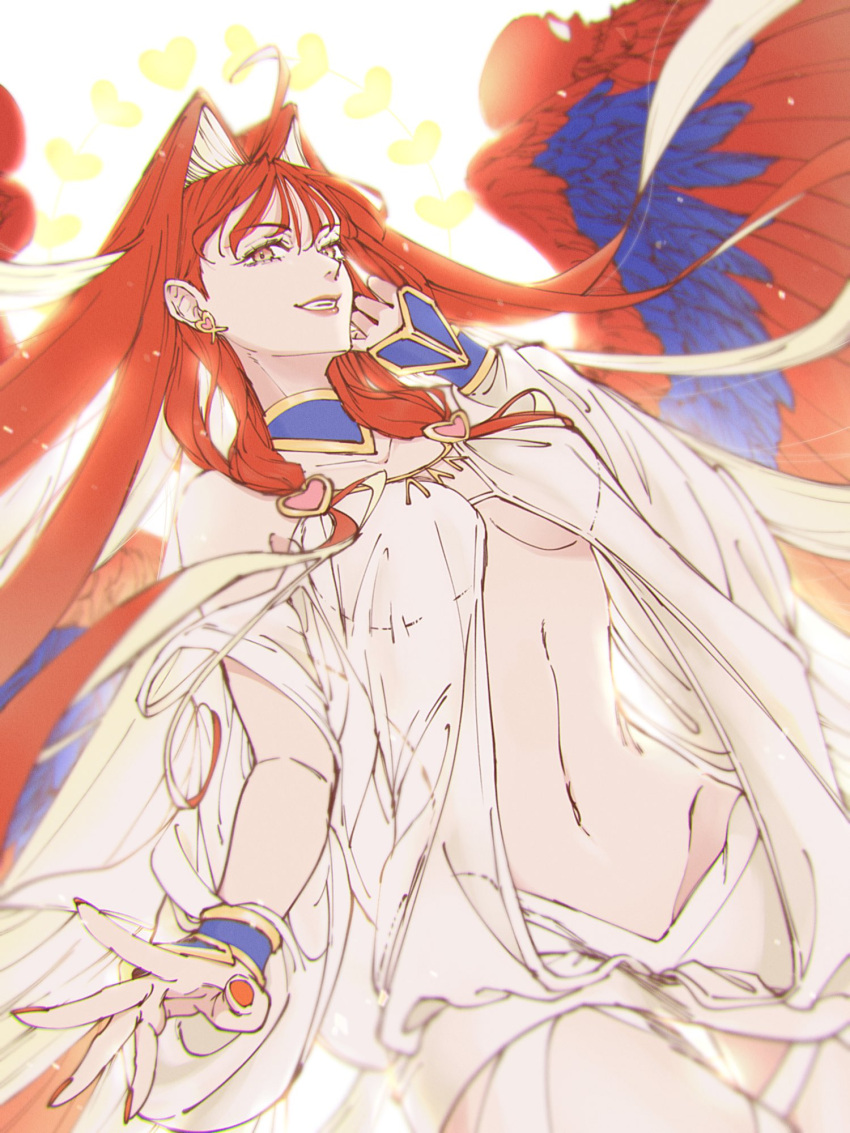 aphrodite_(fate) bare_shoulders breasts earrings fate/grand_order fate_(series) female grin highres jewelry long_hair looking_at_viewer navel orange_eyes orange_hair orange_nails smile so_hana_ranyaro solo wings