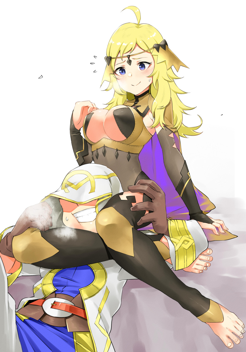 1boy absurdres ahoge barefoot blonde_hair blue_eyes blush breasts bridal_gauntlets cape circlet commission commissioner_upload feet female fire_emblem fire_emblem_fates fire_emblem_heroes full_body hair_ornament head_between_thighs highres igni_tion jewelry kiran_(fire_emblem) kiran_(male)_(fire_emblem) large_breasts long_hair ophelia_(fire_emblem) revision scissorhold smile straight thighhighs turtleneck