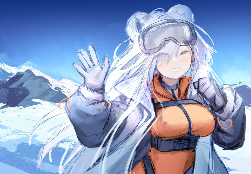 ;d animal_ears arknights aurora_(arknights) aurora_(polar_catcher)_(arknights) bear_ears blue_sky bodysuit breasts coat day eyes_visible_through_hair female gloves goggles goggles_on_head grey_coat grey_gloves hair_over_one_eye highres large_breasts long_sleeves looking_at_viewer mountainous_horizon official_alternate_costume one_eye_closed open_clothes open_coat orange_bodysuit outdoors parted_lips sky smile snow underbust upper_body waving woodsbench