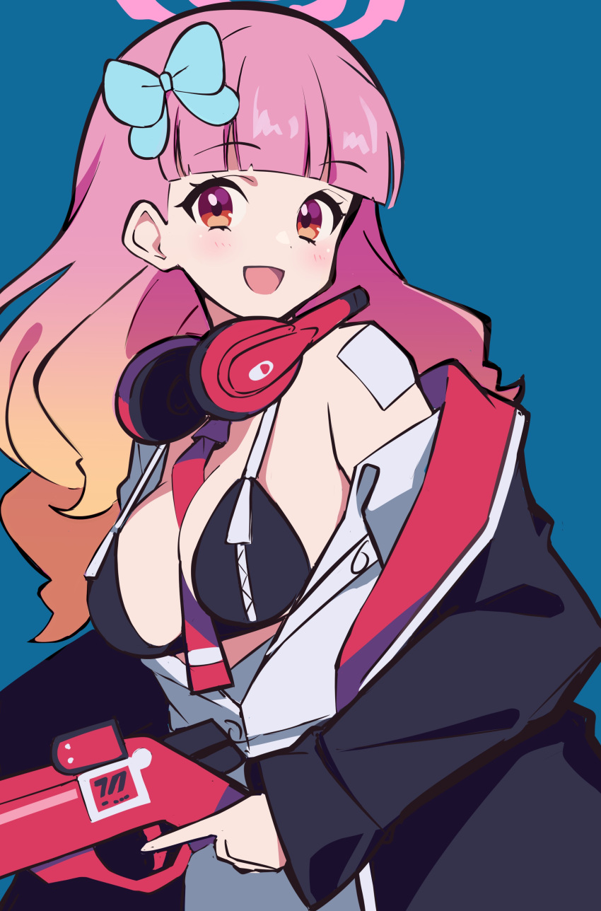 absurdres aikatsu!_(series) aikatsu_friends! bandaid bandaid_on_shoulder bare_shoulders between_breasts bikini bikini_top_only black_bikini black_jacket blue_archive blue_background blue_bow blunt_bangs blush bow breasts clothes_down collar commentary drill_hair eimi_(blue_archive) female from_side gradient_hair gun halo headphones headphones_around_neck highres jacket large_breasts long_hair long_sleeves looking_at_viewer looking_to_the_side matsunaga_akane multicolored_eyes multicolored_hair necktie necktie_between_breasts off_shoulder open_clothes open_jacket open_mouth open_shirt orange_eyes orange_hair pink_hair pink_halo purple_eyes red_collar shirt shotgun simple_background smile solo string_bikini swimsuit trigger_discipline uhouhogorigori voice_actor_connection weapon white_shirt yuki_aine zipper