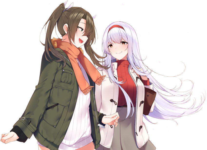 2girls bag brown_eyes brown_hair casual coat fur_trim green_jacket grey_skirt hair_ornament hair_tie headband jacket kantai_collection long_hair multiple_girls orange_scarf profile red_headband red_sweater ribbed_sweater scarf shoukaku_(kancolle) skirt sweater turtleneck turtleneck_sweater twintails white_coat white_hair white_sweater yukichi_(sukiyaki39) zuikaku_(kancolle)