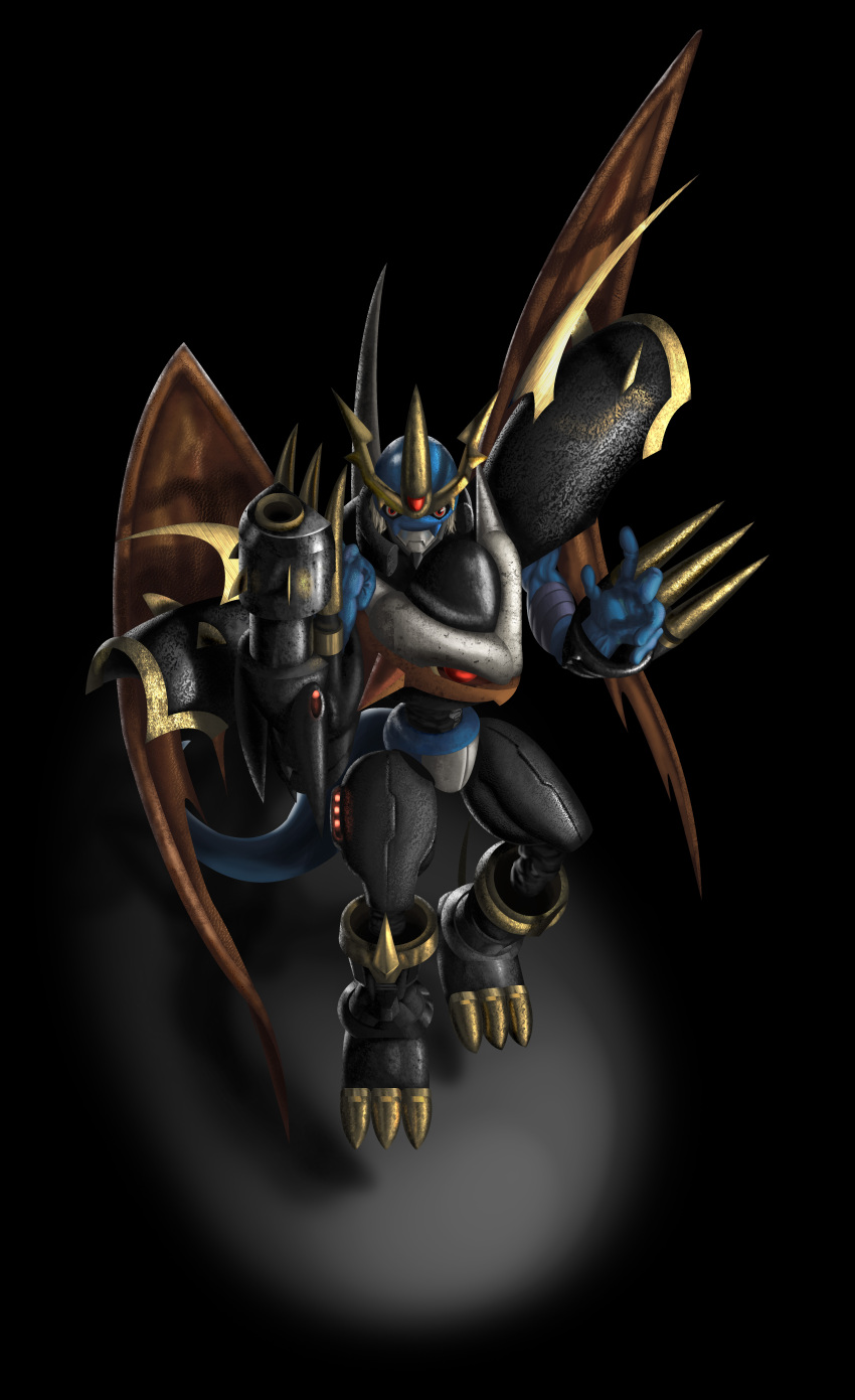 2012 absurd_res ambiguous_gender anthro armor bandai_namco big_claws black_background blue_body blue_scales breastplate cannon claw_(weapon) clawed_vambrace claws colored cybernetics cyborg digimon digimon_(species) dragon_wings gauntlets_(weapon) gem headgear helmet hi_res imperialdramon levitation machine mearns melee_weapon orange_eyes pauldron ranged_weapon red_wings scales scalie shaded simple_background small_waist solo spikes spotlight vambrace_(weapon) weapon wings wrist_gun