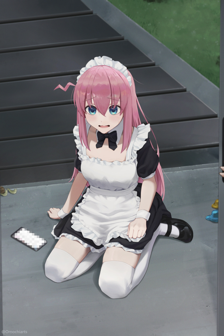 absurdres apron black_dress black_footwear blue_eyes bocchi_the_rock! cellphone censored commentary cube_hair_ornament dress female full_body gotoh_hitori grass hair_between_eyes hair_ornament hair_over_eyes highres long_hair maid maid_apron maid_headdress mary_janes mosaic_censoring official_alternate_costume omochiarts one_side_up open_mouth outdoors phone pink_hair puffy_short_sleeves puffy_sleeves shoes short_sleeves sitting slug smartphone snail solo stairs thighhighs unworn_hair_ornament white_apron white_thighhighs wrist_cuffs zettai_ryouiki