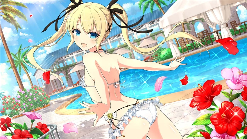 ass beach_chair beach_umbrella bikini black_choker blonde_hair blue_eyes blue_sky blush breasts bush chair choker cloud day dead_or_alive falling_petals female fern flower frilled_bikini frills hair_ribbon leaf long_hair looking_at_viewer lounge_chair marie_rose median_furrow official_art outdoors petals pink_flower pool poolside red_flower ribbon senran_kagura senran_kagura_new_link shoulder_blades sky small_breasts solo stairs swimsuit table tile_floor tile_roof tiles twintails umbrella water white_bikini yaegashi_nan