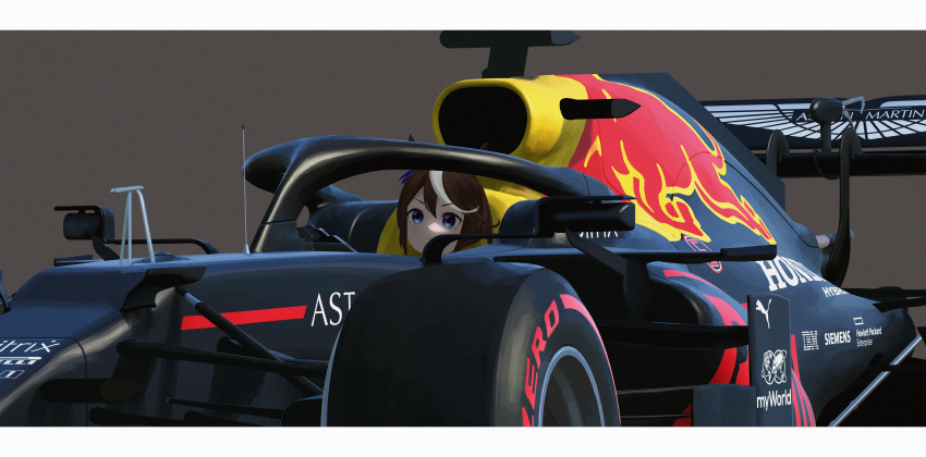 3d absurdres animal_ears arasaka_inu aston_martin blender_(medium) blue_eyes blue_ribbon brown_hair car chinese_commentary commentary english_commentary female formula_one formula_racer hair_between_eyes hair_ribbon hewlett-packard highres honda horse_ears horse_girl ibm long_hair looking_afar looking_ahead max_verstappen motor_vehicle multicolored_hair pirelli puma_(brand) race_vehicle racecar red_bull redbull_racing_rb16 ribbon sidelocks siemens solo streaked_hair tokai_teio_(umamusume) umamusume v-shaped_eyebrows vehicle_focus white_hair