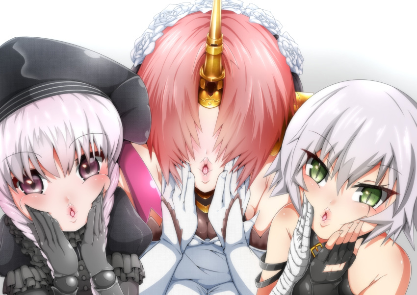 3girls bandages bare_shoulders black_gloves breasts cleavage commentary fate/apocrypha fate/extra fate/grand_order fate_(series) fingerless_gloves frankenstein's_monster_(fate) gloves hair_over_eyes hands_on_own_face hat highres horns jack_the_ripper_(fate/apocrypha) lips looking_at_viewer mechanical_horns mrtakenoko multiple_girls nursery_rhyme_(fate) parted_lips pink_hair purple_eyes purple_hair red_hair single_horn white_gloves white_hair