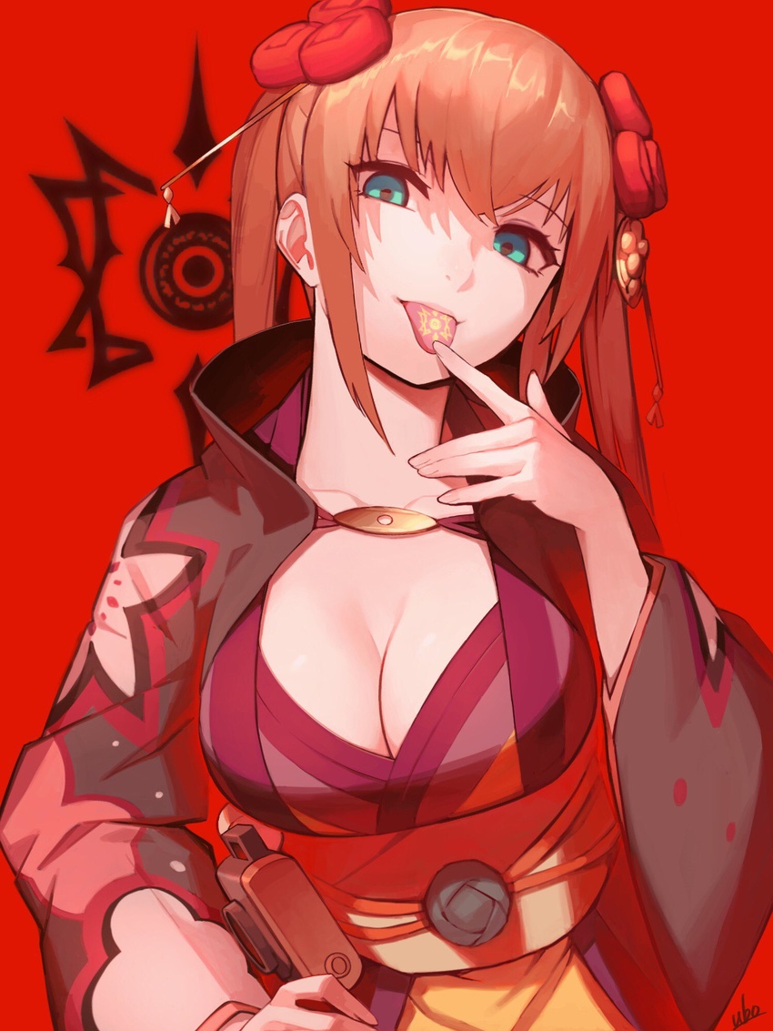 blue_eyes breasts brown_hair cleavage closed_mouth collarbone female hair_between_eyes hair_ornament hairpin hand_on_own_hip highres large_breasts long_hair looking_at_viewer red_background solo tales_of_(series) tales_of_crestoria tongue tongue_out twintails ubo_(ubo_tales) upper_body yuna_azetta