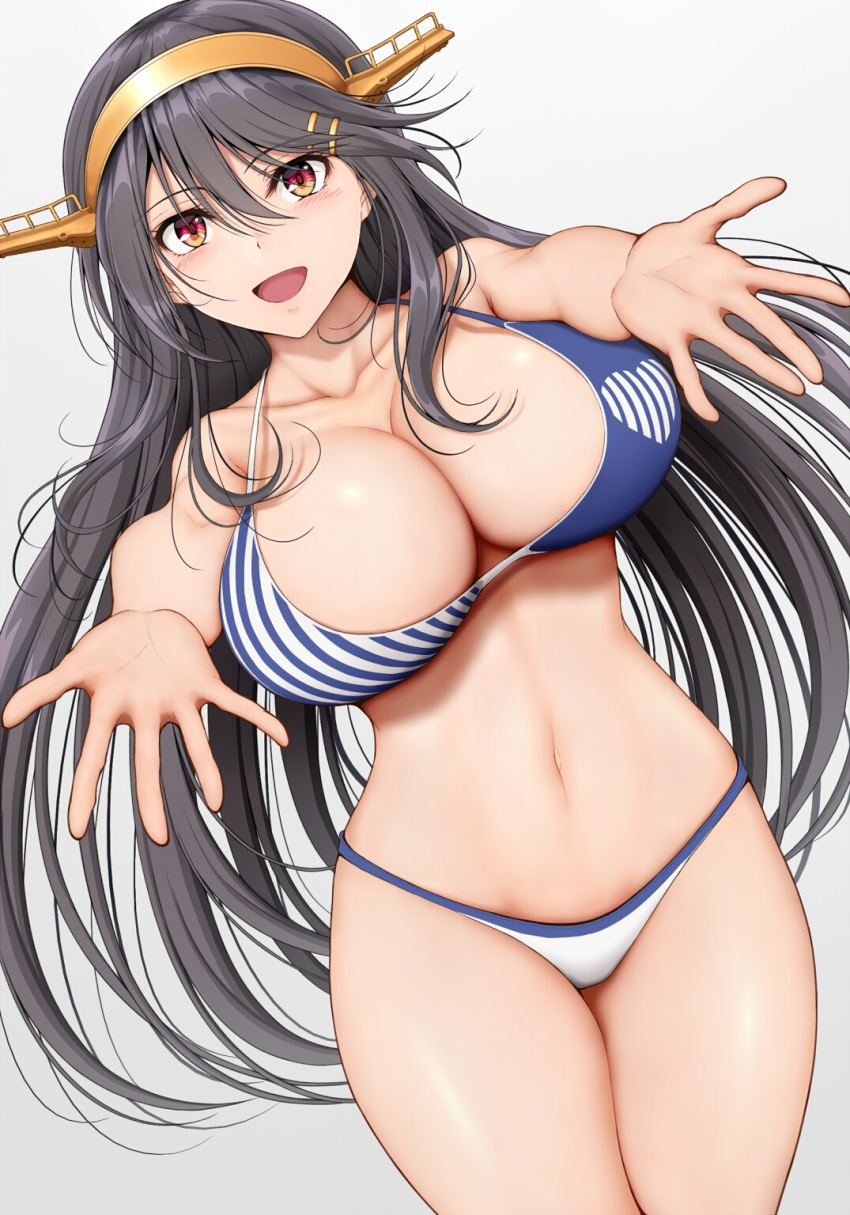 bell bikini black_hair breasts collarbone cowbell female gradient_background grey_background hair_between_eyes hair_ornament hairband hairclip hamaguri_(hamaguri1234) haruna_(kancolle) highres kantai_collection large_breasts long_hair navel open_mouth outstretched_arms smile solo spread_arms swimsuit white_bikini yellow_eyes