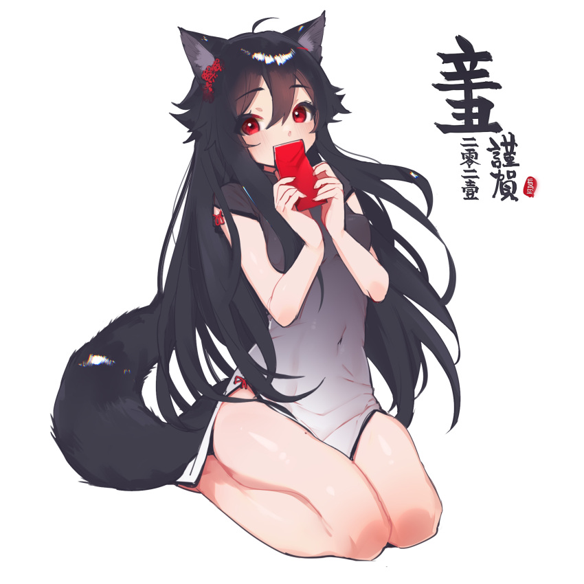 ahoge animal_ears bare_arms bare_legs barefoot black_dress black_hair blush china_dress chinese_clothes chinese_commentary chinese_text commentary_request covered_navel dress ejami ekko_(ejami) female fox_ears fox_girl fox_tail gradient_dress grey_dress hair_ornament hands_up highres holding long_hair looking_at_viewer mole mole_on_thigh new_year original red_eyes seiza short_sleeves simple_background sitting solo tail translated white_background