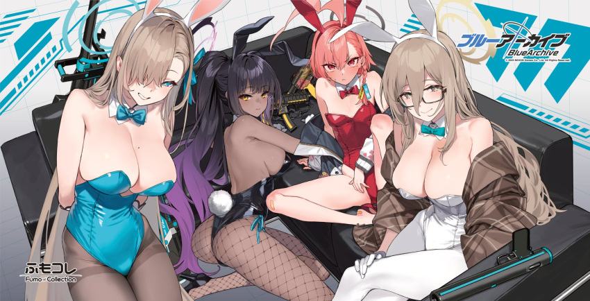 4girls 7meill 92m ahoge akane_(blue_archive) akane_(bunny)_(blue_archive) animal_ears ass asuna_(blue_archive) asuna_(bunny)_(blue_archive) asymmetrical_bangs bare_shoulders black-framed_eyewear black_hair black_leotard blue_archive blue_bow blue_bowtie blue_leotard blue_ribbon blush bow bowtie boys_anti_tank_rifle braid breast_hold breasts brown_eyes brown_hair brown_pantyhose cleaning_&_clearing_(blue_archive) cleavage closed_mouth collaboration commentary cowboy_shot dark-skinned_female dark_skin detached_collar fake_animal_ears fishnet_pantyhose fishnets glasses gloves gun hair_between_eyes hair_over_one_eye hair_over_shoulder hair_ribbon halo handgun highleg highleg_leotard highres huge_ahoge jacket karin_(blue_archive) karin_(bunny)_(blue_archive) large_breasts leotard long_hair looking_at_viewer mole mole_on_breast mole_under_eye multiple_girls neru_(blue_archive) neru_(bunny)_(blue_archive) official_alternate_costume official_art open_mouth orange_hair oversized_breast_cup pantyhose plaid_shawl playboy_bunny ponytail print_jacket rabbit_ears rabbit_tail red_bow red_bowtie red_eyes red_leotard ribbon shawl sideboob sig_mpx sig_sauer simple_background single_braid sitting smile standing strapless strapless_leotard submachine_gun sukajan tag tail thighs traditional_bowtie very_dark_skin very_long_hair weapon white_gloves white_leotard white_pantyhose yellow_eyes