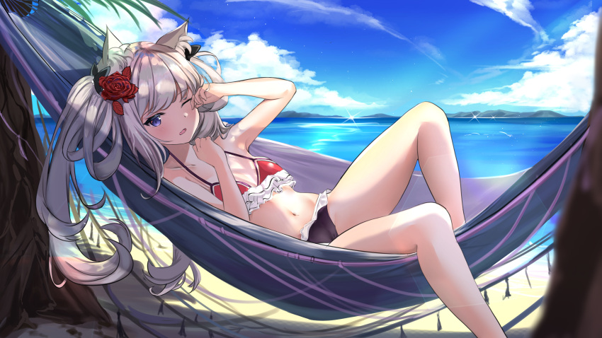 absurdres animal_ears azur_lane bare_arms bare_legs bare_shoulders beach bikini black_bow blue_eyes bow breasts cat_ears cloud collarbone commission day english_commentary female flower frilled_bikini frills grey_hair hair_flower hair_ornament hairbow hammann_(azur_lane) hammann_(rebellious_summer)_(azur_lane) hammock highres lemontea_(ekvr5838) looking_at_viewer lying medium_hair navel ocean official_alternate_costume on_back one_eye_closed open_mouth outdoors rose rubbing_eyes sand shadow small_breasts solo stomach sunlight swimsuit tree twintails waking_up water