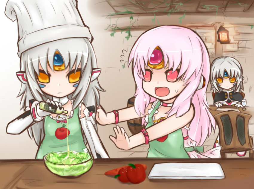 3girls apple_(elsword) apron bad_id bad_pixiv_id chef_hat code:_empress_(elsword) code:_nemesis_(elsword) commentary_request cooking elsword eve_(elsword) facial_mark flying_sweatdrops gold_trim grey_hair hat long_hair morumoru00 multiple_girls no_pupils short_hair toque_blanche yellow_eyes