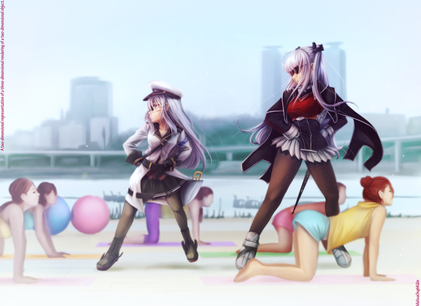 6+girls black_pantyhose blurry breasts brown_eyes brown_hair commentary commission crossover depth_of_field essex_(warship_girls_r) gangnam_style gangut_(kancolle) grey_hair hands_on_own_hips hat height_difference highres kantai_collection large_breasts long_sleeves melisaongmiqin multiple_girls pantyhose parody peaked_cap psy pun small_breasts sunglasses tall_female two_side_up warship_girls_r